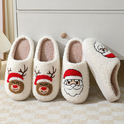 Cozy Christmas cartoon slippers featuring Santa and reindeer designs for festive holiday comfort