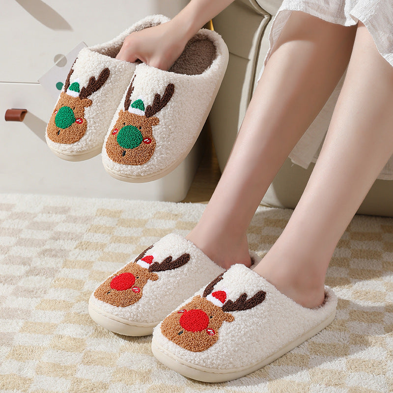 Cozy Christmas elk slippers designed for winter featuring a soft texture and cute reindeer design