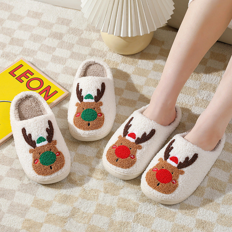 Cozy Christmas elk slippers in white with reindeer design, perfect for winter comfort