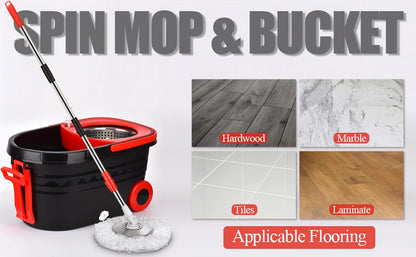 Shophouse Northwest spin mop bucket set with wheels in black and red with mop head and flooring hardwood marble tile laminate