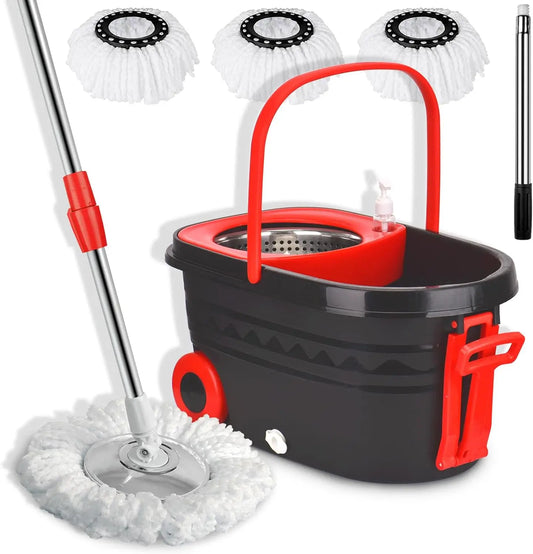 Shophouse Northwest black and red spin mop bucket set with wheels with three replacement mop heads and stainless handle