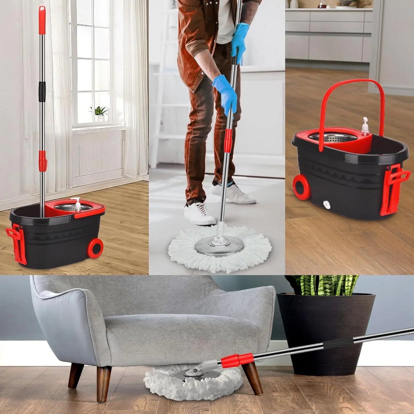 Shophouse Northwest spin mop bucket set with wheels black red mop and bucket shown with user cleaning