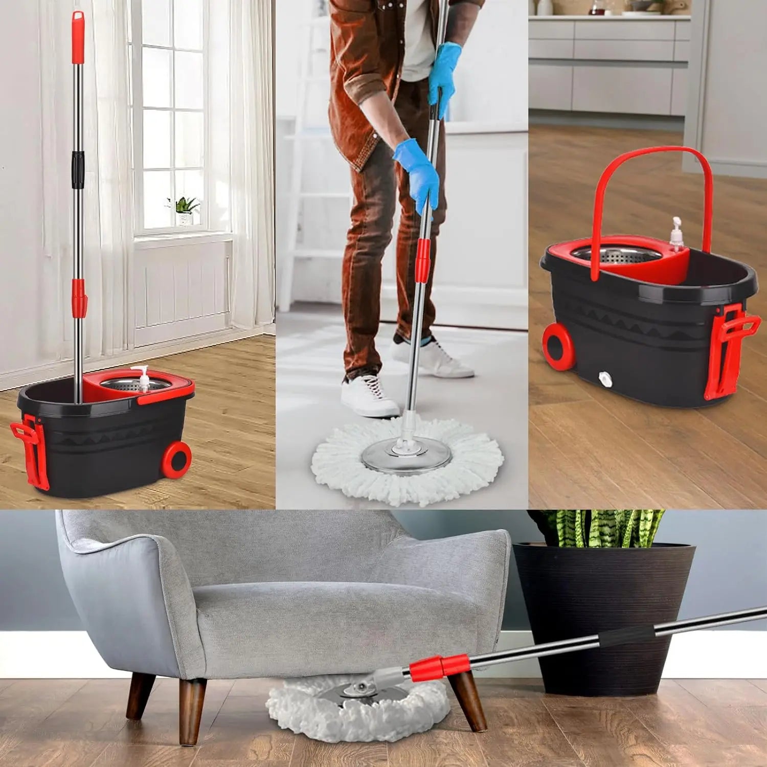 Shophouse Northwest spin mop bucket set with wheels black red mop and bucket shown with user cleaning