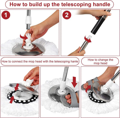 Shophouse Northwest spin mop bucket set with wheels showing telescoping handle assembly and mop head change instructions
