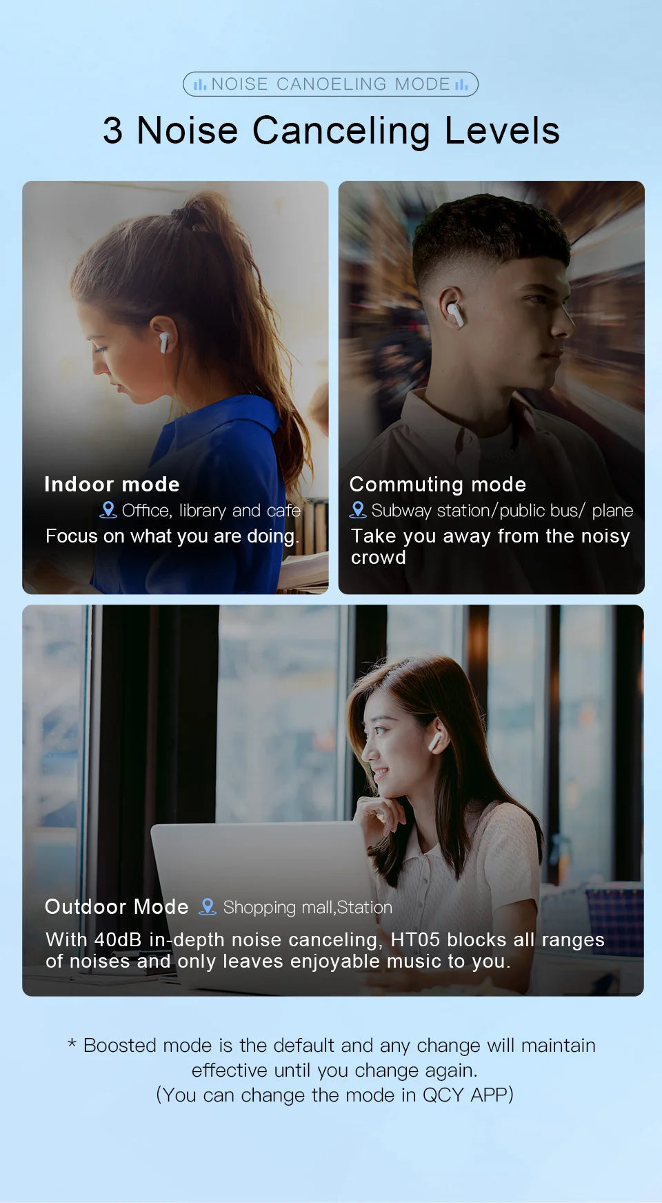 Shophouse NW earbuds with three noise canceling modes for indoor commute and outdoor Bluetooth 5.2 noise cancelling earphone