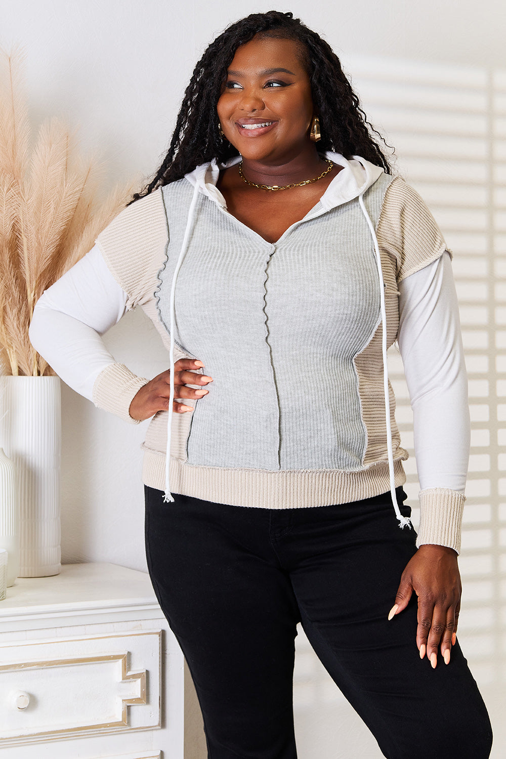 Trendsi color block drawstring hoodie in beige and gray with ribbed texture and casual fit
