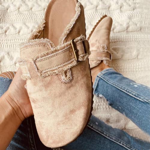 Cozy Shophouse Northwest comfortable slip on clogs for women in soft beige with adjustable buckle.