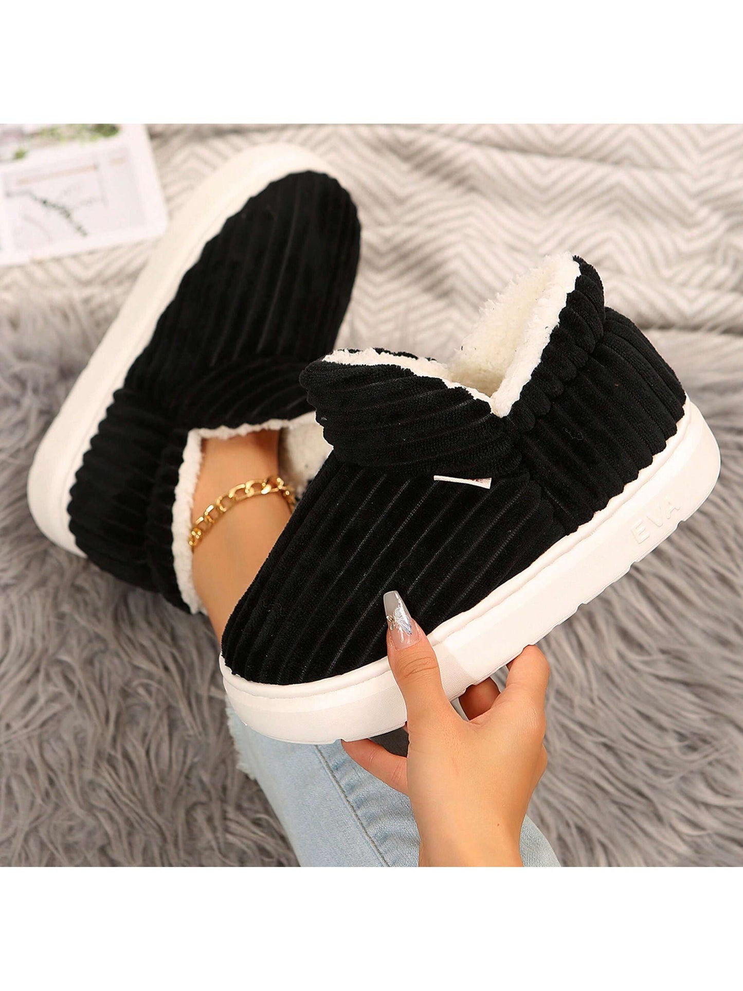 Black corduroy cozy indoor house slippers with plush lining for comfort and warmth