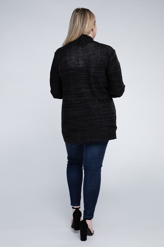 Shophouse Northwest plus size open front cardigan back view charcoal knit paired with dark skinny jeans