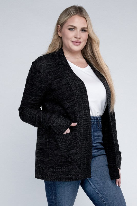Shophouse Northwest plus size open front cardigan in black textured knit worn with white tee and jeans