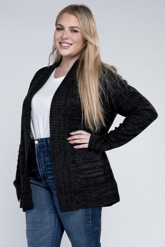 Shophouse Northwest plus size open front cardigan in charcoal knit with pockets worn over white tee and jeans