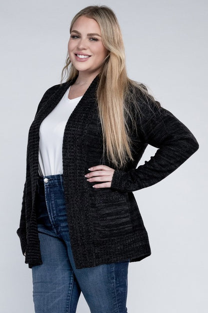 Shophouse Northwest plus size open front cardigan in charcoal knit with pockets worn over white tee and jeans