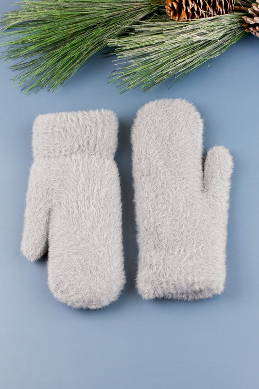 Shophouse Northwest gray plush fur lined mittens pair soft fuzzy winter mittens for cold weather