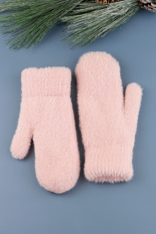 Shophouse Northwest pink cozy plush fur lined mittens pair on blue background ideal for winter