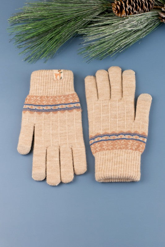 Shophouse Northwest beige knit Nordic touch screen gloves with Fair Isle pattern and ribbed cuffs for winter
