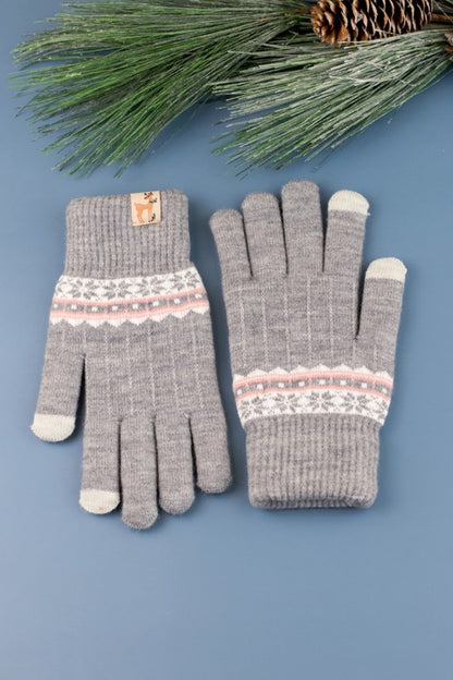 Shophouse Northwest gray knit Nordic touch screen gloves with fair isle pattern and ribbed cuffs for winter