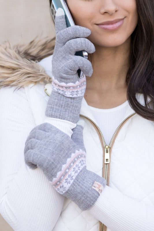 Shophouse Northwest Nordic touch screen gloves gray knit with Nordic pattern and touchscreen fingertips used with smartphone