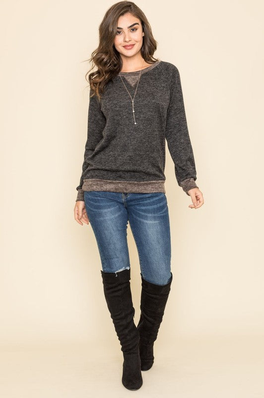 Shophouse Northwest plus size raglan tunic sweater charcoal knit with layered hem and long sleeves