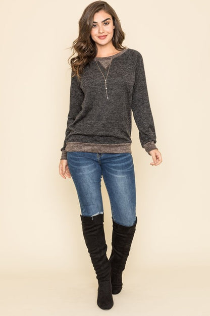 Shophouse Northwest plus size raglan tunic sweater charcoal knit with layered hem and long sleeves