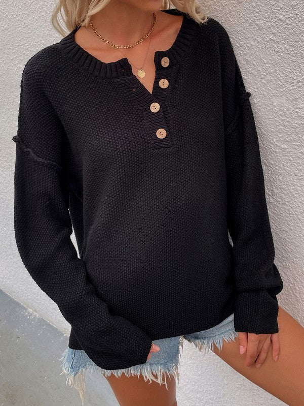 Shophouse Northwest women's long sleeve loose sweater black knit henley with wooden buttons and relaxed fit