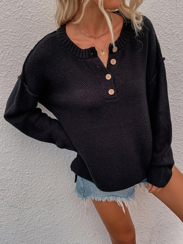 Shophouse Northwest women's long sleeve loose sweater black knit henley with wooden buttons oversized fit
