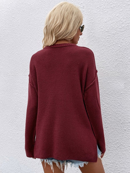 Shophouse Northwest women's long sleeve loose sweater burgundy knit oversized back view on model with denim shorts