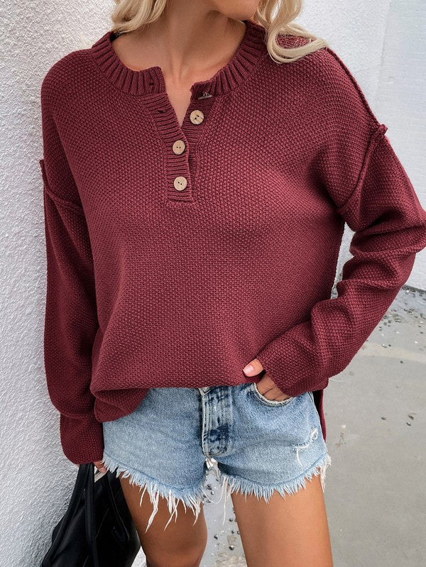 Shophouse Northwest women's long sleeve loose sweater in burgundy knit henley with wooden buttons