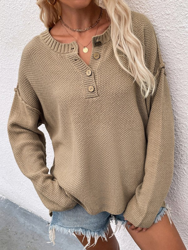 Shophouse Northwest women's long sleeve loose sweater beige waffle knit henley with buttons and oversized fit
