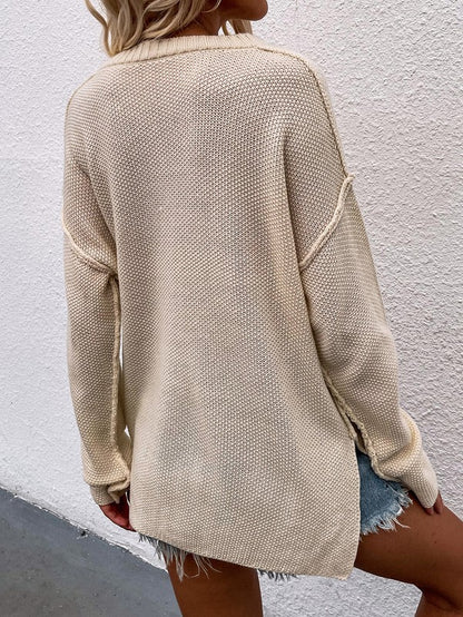 Shophouse Northwest beige knit women's long sleeve loose sweater back view on model