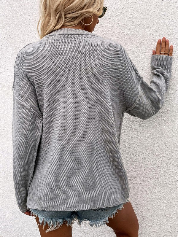 Shophouse Northwest women's long sleeve loose sweater light gray textured knit relaxed back view
