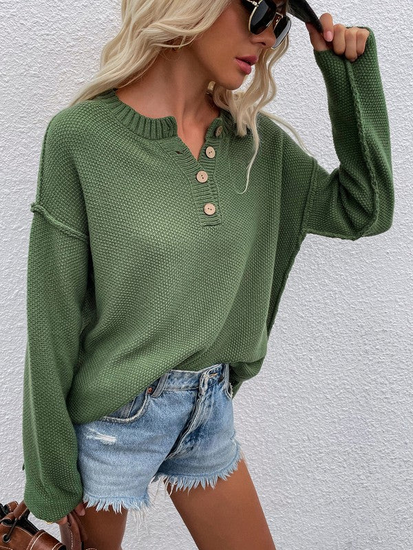 Shophouse Northwest women's long sleeve loose sweater green knit henley with buttons styled with denim shorts