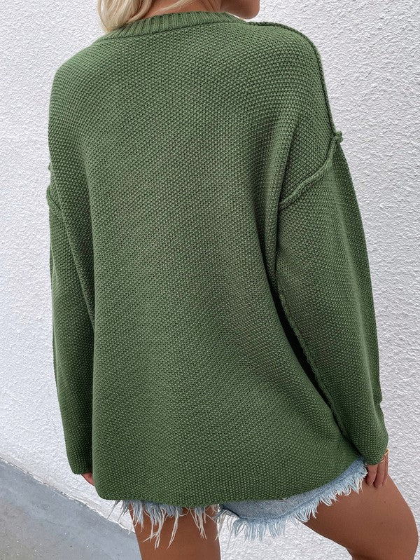 Shophouse Northwest women's long sleeve loose sweater olive green textured knit oversized back view