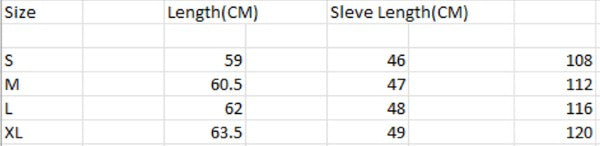 Shophouse Northwest size chart for women's long sleeve loose sweater showing S to XL lengths and sleeve lengths in cm