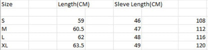 Shophouse Northwest size chart for women's long sleeve loose sweater showing S to XL lengths and sleeve lengths in cm