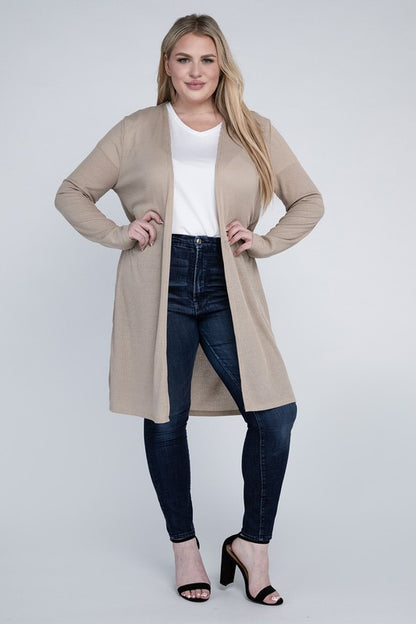 Shophouse Northwest plus size everyday comfy cardigan in taupe open front longline knit on model