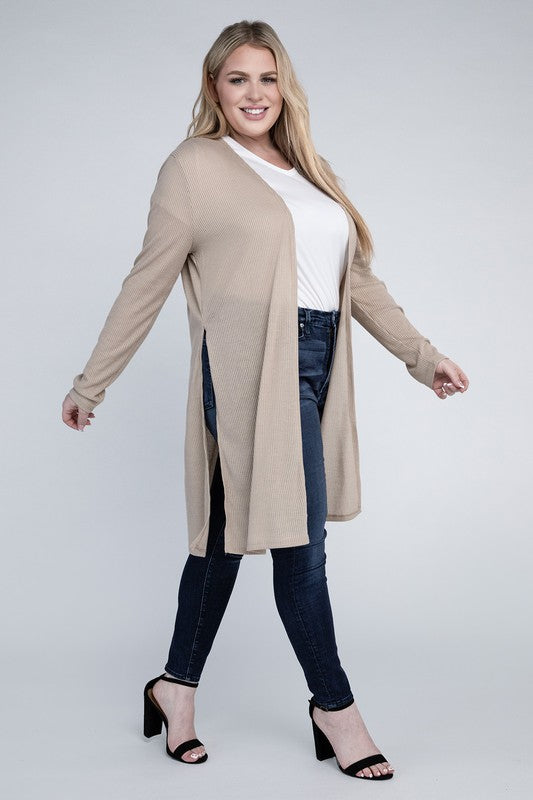 Shophouse Northwest plus size everyday comfy cardigan beige open front with side slits paired with white tee and jeans