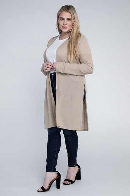 Shophouse Northwest plus size everyday comfy cardigan beige long open front with side slits on model