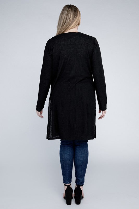 Shophouse Northwest long black knit cardigan back view on model wearing jeans plus size everyday comfy cardigan