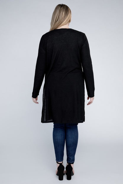 Shophouse Northwest long black knit cardigan back view on model wearing jeans plus size everyday comfy cardigan