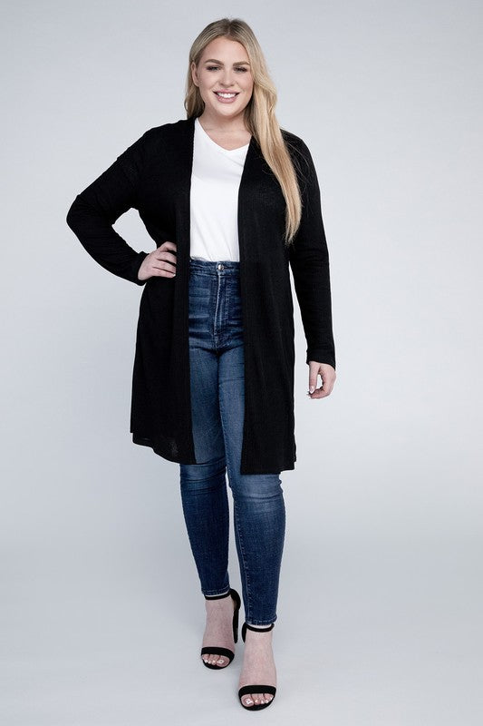 Shophouse Northwest plus size everyday comfy cardigan black long open front knit worn with white tee and jeans