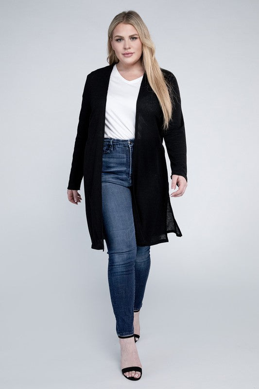 Shophouse Northwest plus size everyday comfy cardigan black open front long cardigan on model