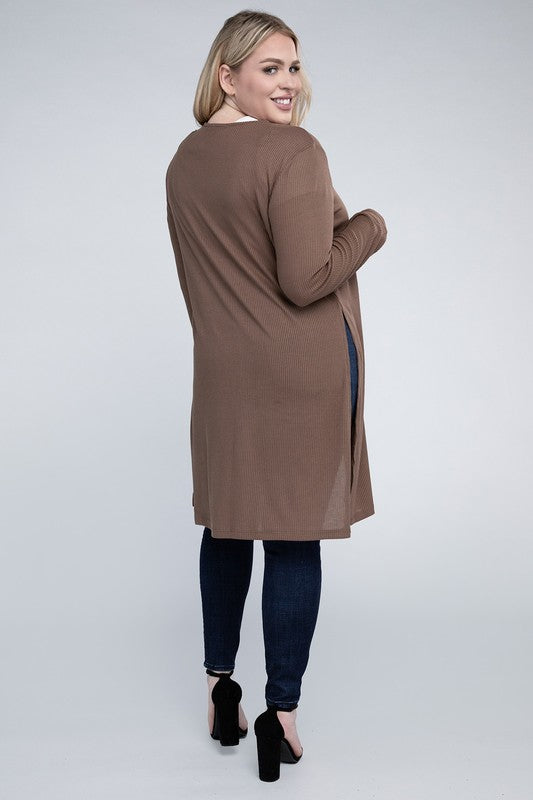 Shophouse Northwest brown long open front cardigan on model with jeans and heels plus size everyday comfy cardigan