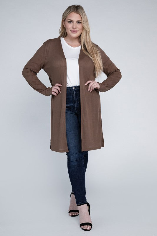 Shophouse Northwest plus size everyday comfy cardigan brown open front long sleeve on model