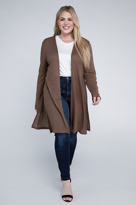 Shophouse Northwest plus size everyday comfy cardigan brown open front long knit on smiling model in white tee and dark jeans