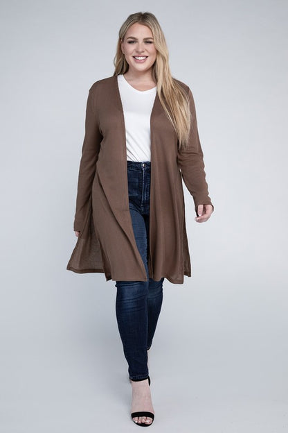 Shophouse Northwest plus size everyday comfy cardigan brown open front long knit on smiling model in white tee and dark jeans