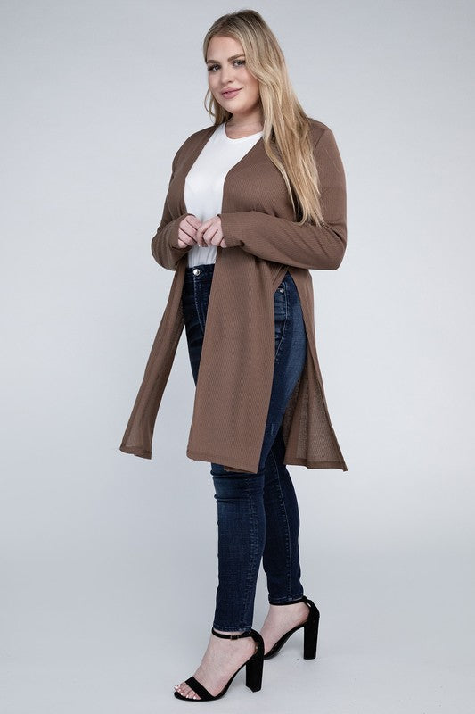 Shophouse Northwest plus size everyday comfy cardigan brown open front long with side slits