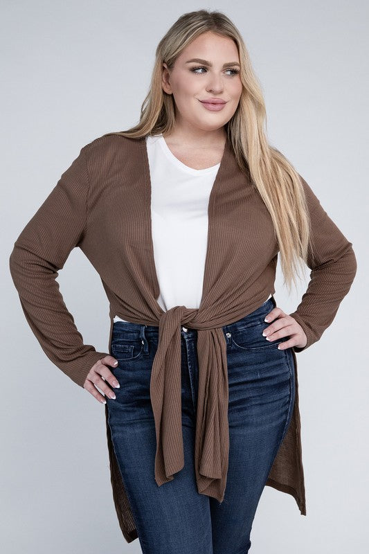 Shophouse Northwest plus size everyday comfy cardigan brown ribbed tie front open long sleeve
