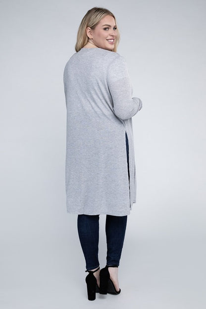 Shophouse Northwest plus size everyday comfy cardigan light gray long open front with side slits back view