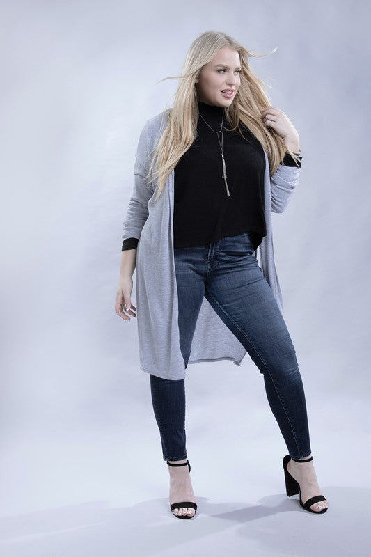 Shophouse Northwest plus size everyday comfy cardigan light gray open front long cardigan on model