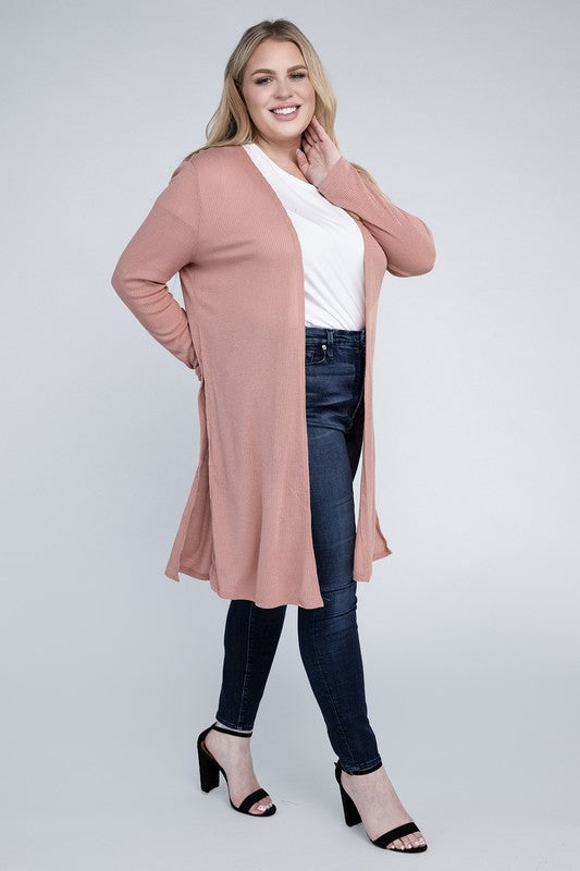 Shophouse Northwest plus size everyday comfy cardigan long open front rose mauve worn by smiling model in jeans and heels